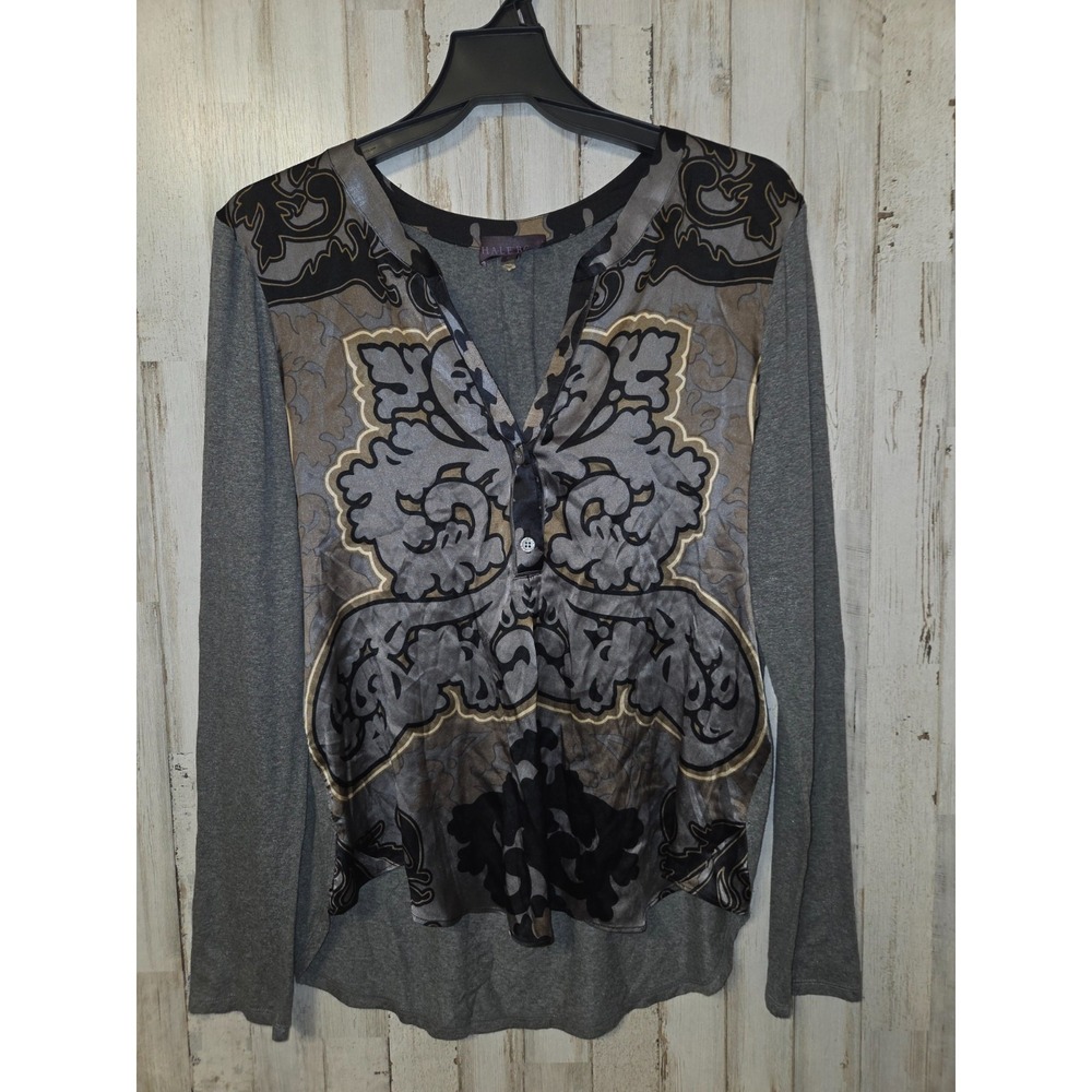Hale Bob size L Blouse Top Button Henley stretch Knit Silk long Sleeve V-neck